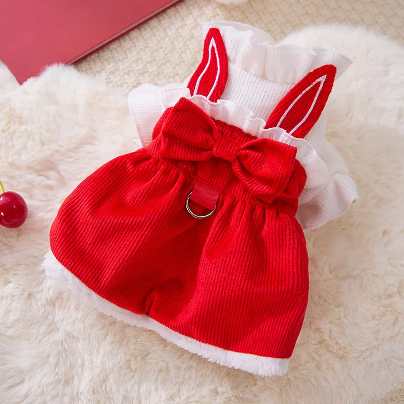 

Autumn and Winter 2022 New Dog Rabbit Ear Bowknot Sling Dress Cat Thickened Warm Princess Dress Small and Medium Dog Pet Clothes