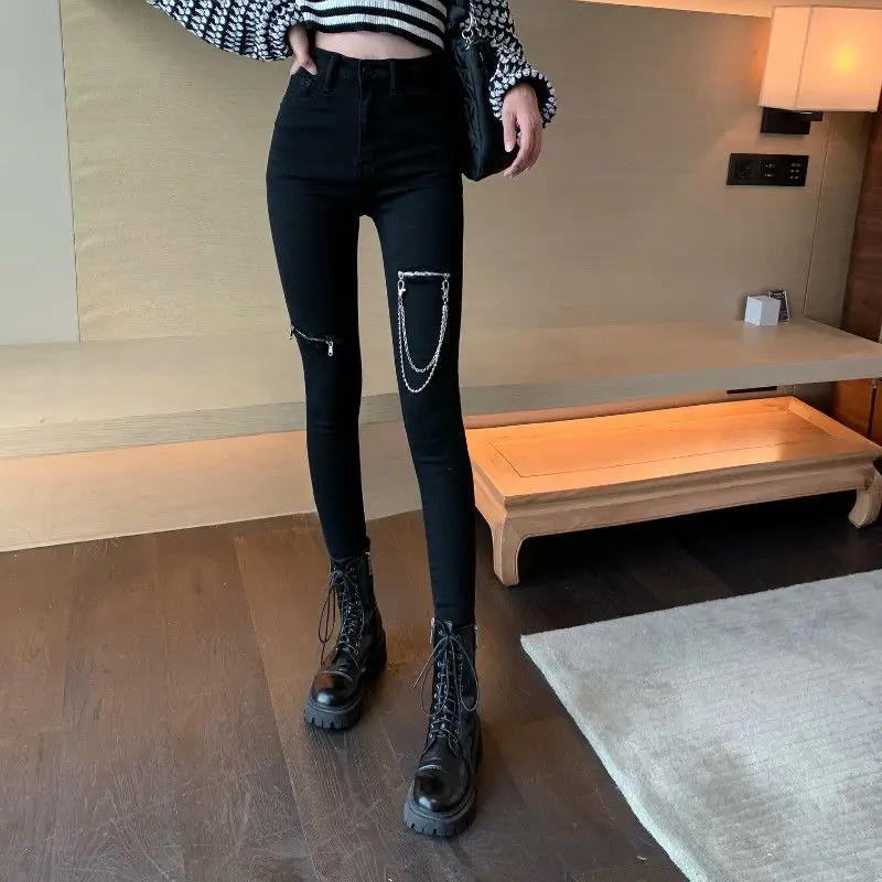 Grunge Black Pencil Pants with Chains New High Waiste Tight Fitting Rivet Ripped Trousers Streetwear Girls S-3XL