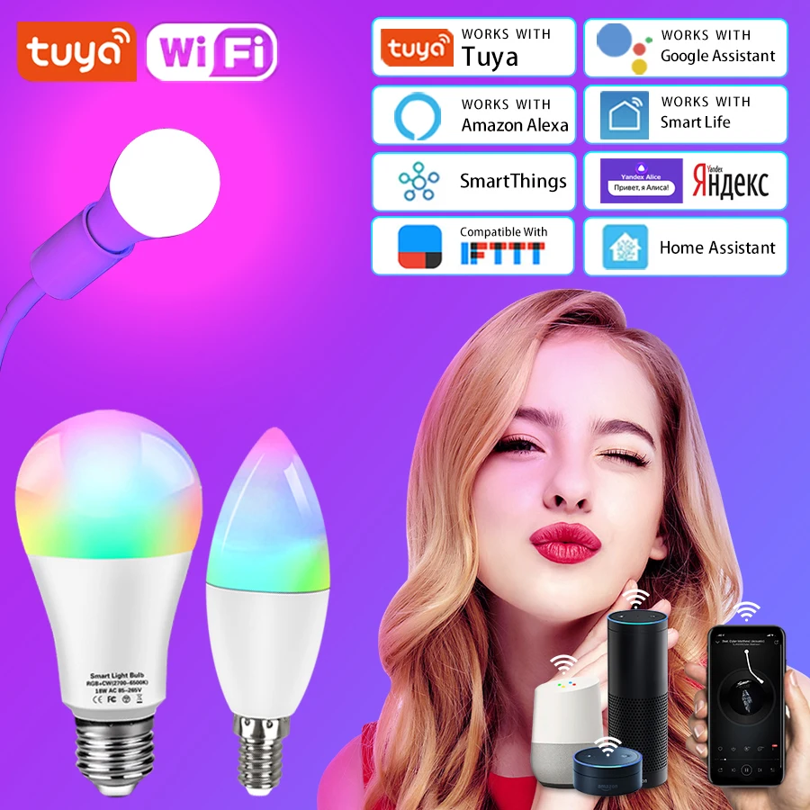 Светодиодная лампа TUYA интеллектуальная wifi лампа, 15 Вт, B22, E14, RGB, E27, лампа alexa, Google Home, 100 в 200 в, CW, WW, с регулируемой яркостью, волшебные лампочки, голосовое управление Светодиодная лампа TUYA интеллектуальная wifi лампа, 15 Вт, B22, E14, RGB, E27, лампа alexa, Google Home, 100 в 200 в, CW, WW, с регулируемой яркостью, волшебные лампочки, голосовое управление