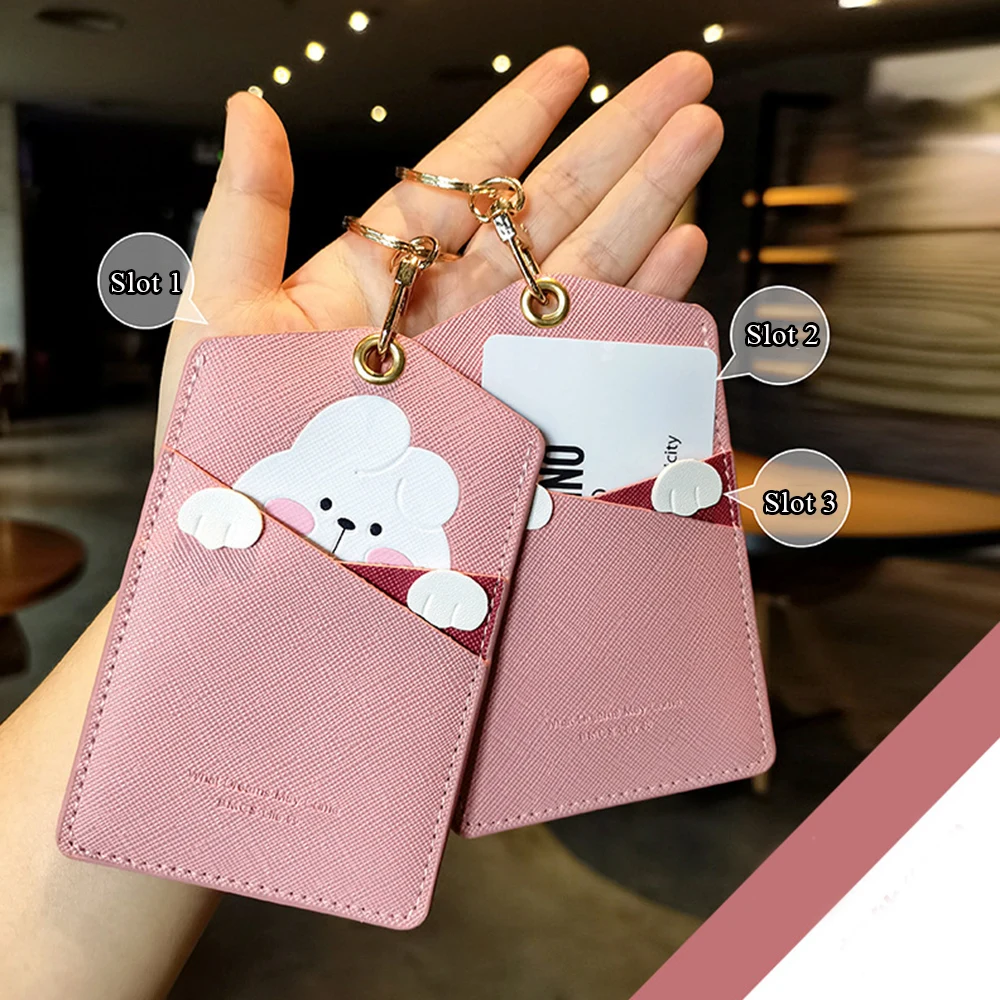 

High Quality Credit Card ID Badge Holder Cute Cartoon Leather Bear Pass Case Cover Card Case Key Holder Ring Luggage Tag Trinket