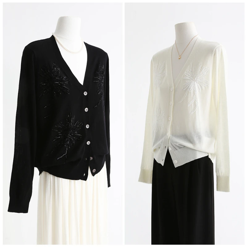 Женский осенний кардиган с вышивкой и блестками