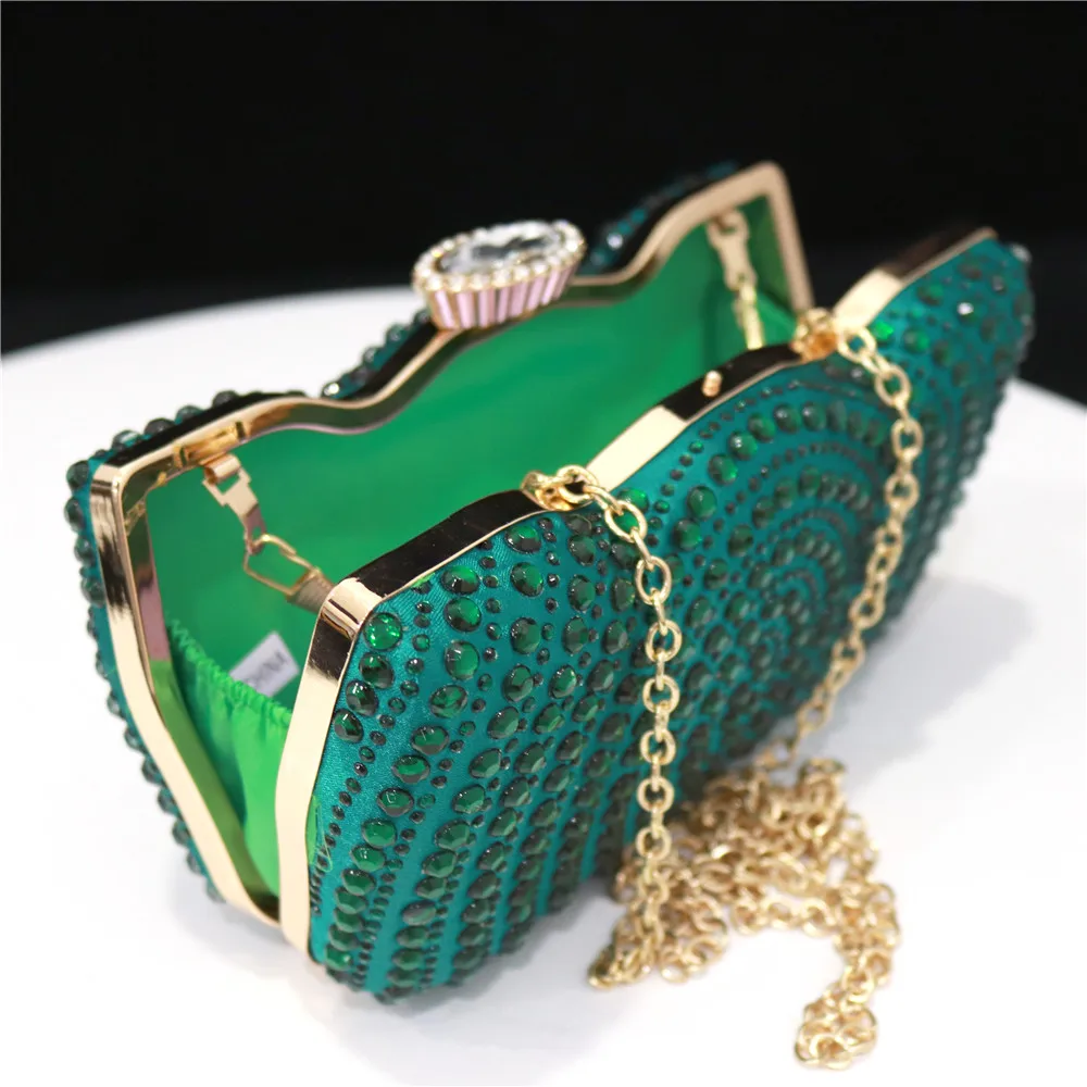 Зеленая сумка для невесты кошелек роскошная свадебная через плечо со стразами и