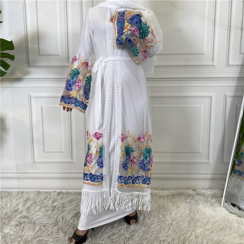Muslim Open Abayas for Women Dubai Abaya Kimono Embroidery Mesh Cardigan Islam Modest Clothing Arabic Vetement Musulmane Femme