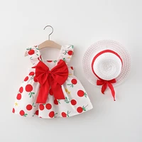 kids clothes baby girl dress print plaid bow puff sleeve summer princess party dress infant toddler newborn dresshat 2pcs