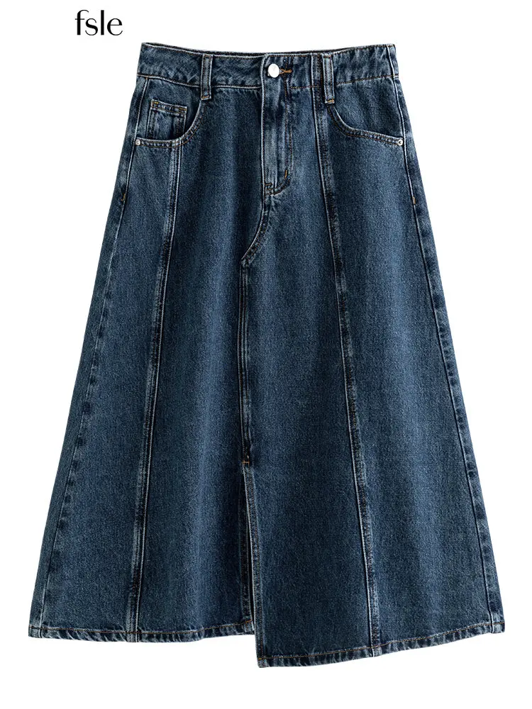 

Юбка женская джинсовая трапециевидная с асимметричным разрезом, средней длины