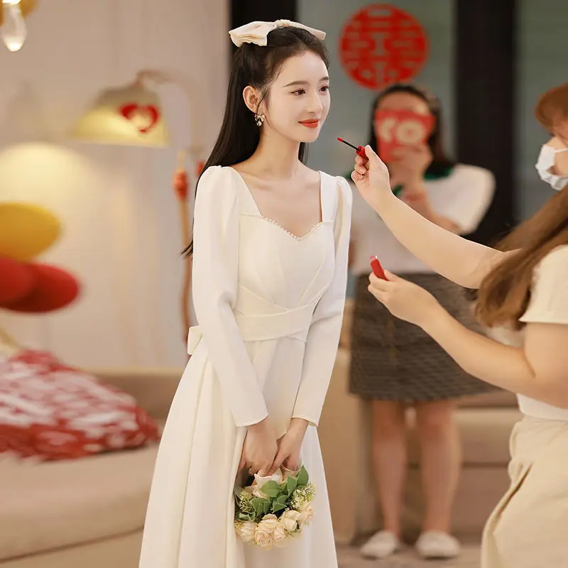 

XS-3XL Ladies White Retro Long Sleeve Party Dress Temperament Satin Formal Maxi Dresses Women Autumn Clothes Robe Longue Femme