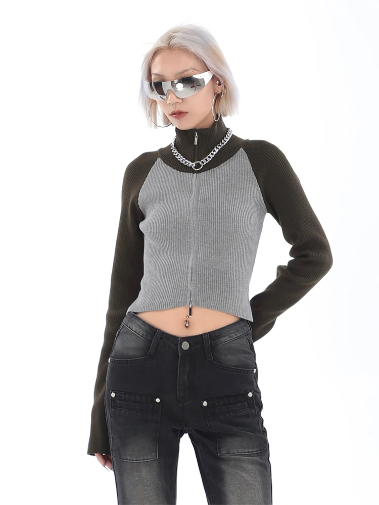 

Women 2022 Autumn Winter New Contrast Color Slim Short Knitwear Turtleneck Long Sleeve Zipper Lady Knit Cardigan Sweater Vintage