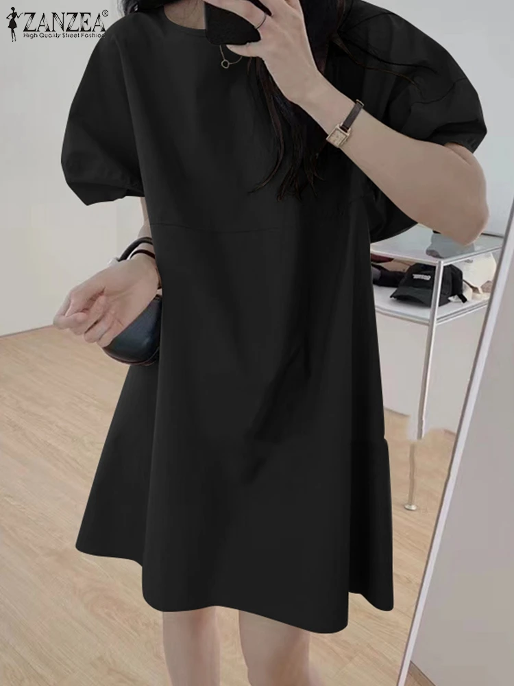 

ZANZEA Bohemian Elegant Casual Loose Holiday Dress 2022 Women Summer Solid Color Dress Shout Puff Sleeve O-Neck Work OL Sundress
