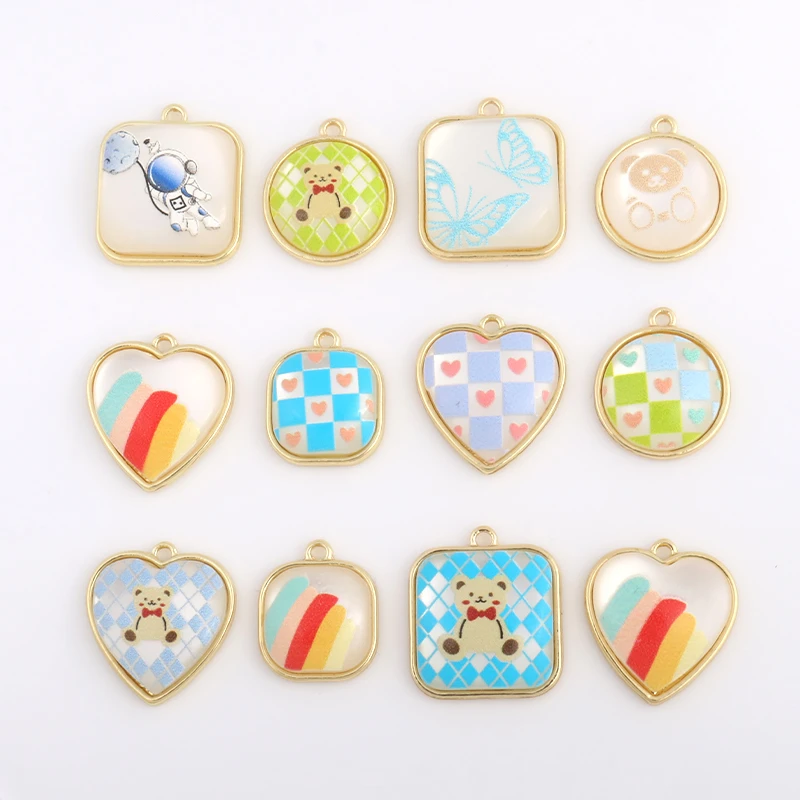 

5pcs Square Round Heart Shape Resin Luxury Charms Pendant for Earrings Neckalce Bear Butterfly Print DIY Jewely Making Supplies