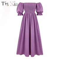 2022 summer solid color off shoulder puff sleeve long dress ladies silk robe sexy pleated high waist chic mid calf aesthetic dre