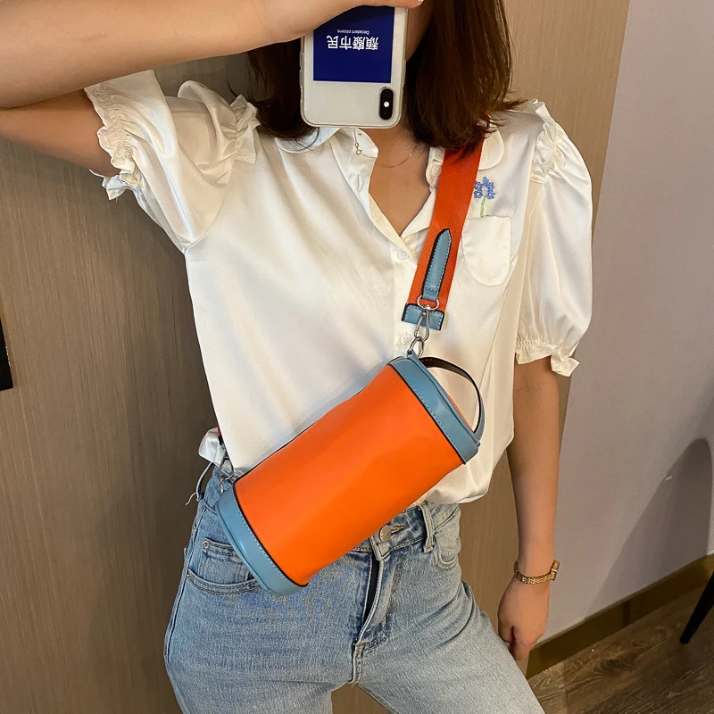 

Contrast Color Nylon Shoulder Crossbody Bags for Women 2021 Leisure Trends Small Coin Barrel Purse Cylinder Shape Bucket Bag