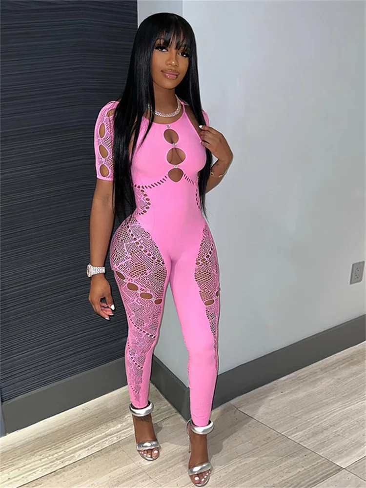 

Summer Outfits Streetwear Jumpsuits Women Short Sleeve Bodycon Rompers Jumpsuit Skinny Black Mesh See Though One-piece Overalls