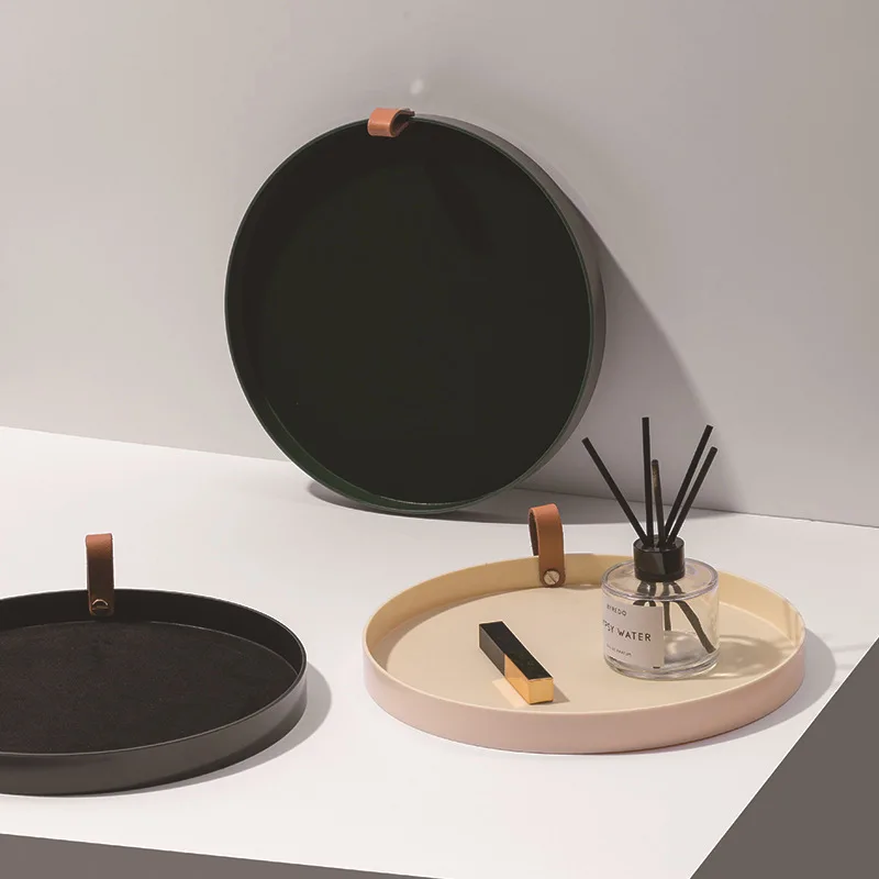 Минималистичный косметический поднос для хранения вещей с кожаной ручкой лоток