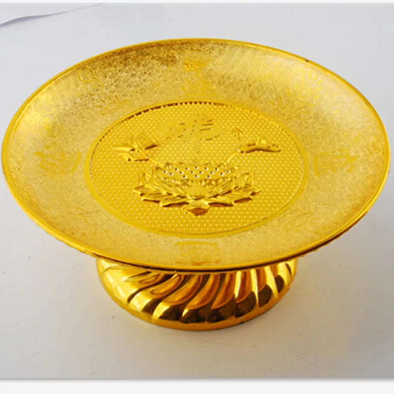 

7 Inch Gold Plastic Fruit Plate Noble Buddhist Worship Deities Tray Buddhist Ceremony Noble Money and Treasure Sacrificial Tray