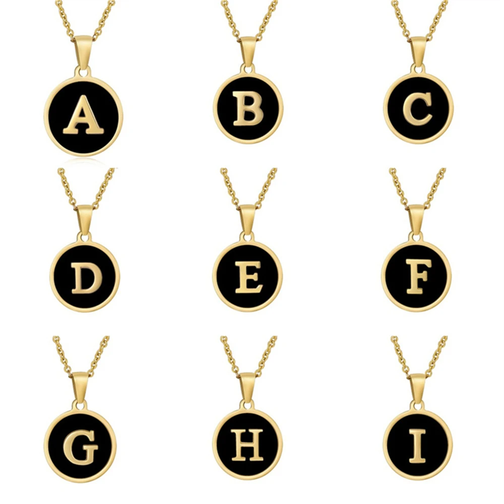 Black Shellfish Letter Necklace for Women Personalized Round Stainless Steel Gold Color A-Z Pendant Choker Jewelry Gift for Girl