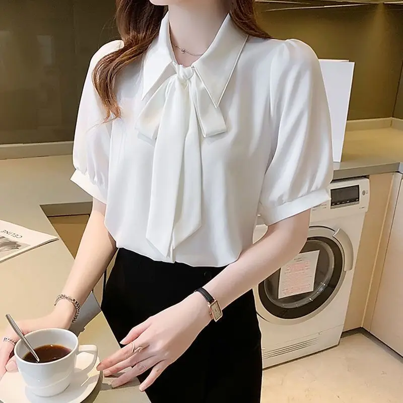 Bow Tied Chiffon Shirt Summer New Ladies Short Sleeve Solid Color Versatile Blouses Simplicity Fashion Women Clothing