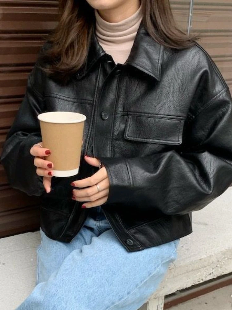 Куртки в стиле ретро женские черные из искусственной кожи весенние корейском