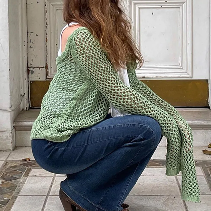 

Y2K Aesthetic Retro Crochet Knitwear Chic Women Vintage Loose Sweaters Sexy Hollow Out Long Sleeve Smock Top Baggy Pullovers