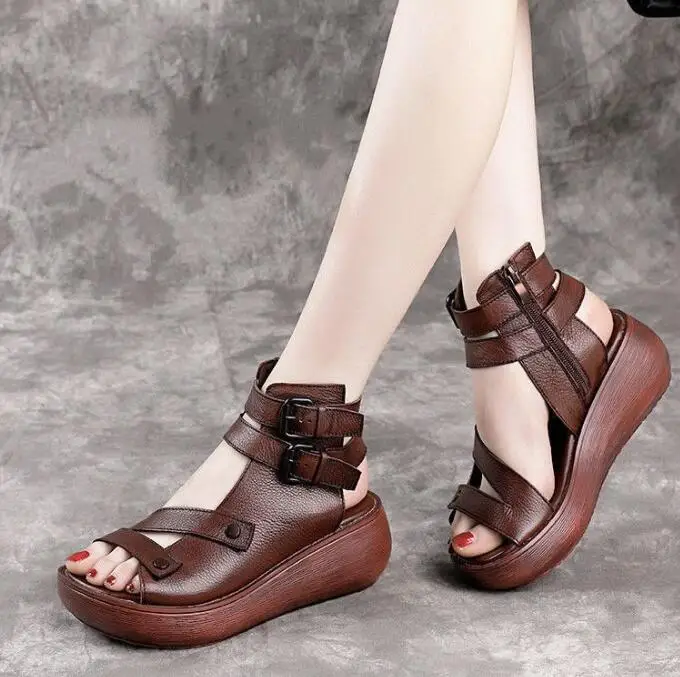 

Women's Sandals Summer Fashion 2023 New Roman High-Top Soft Leather Wedge Sandals Platform Peep Toe Shoes