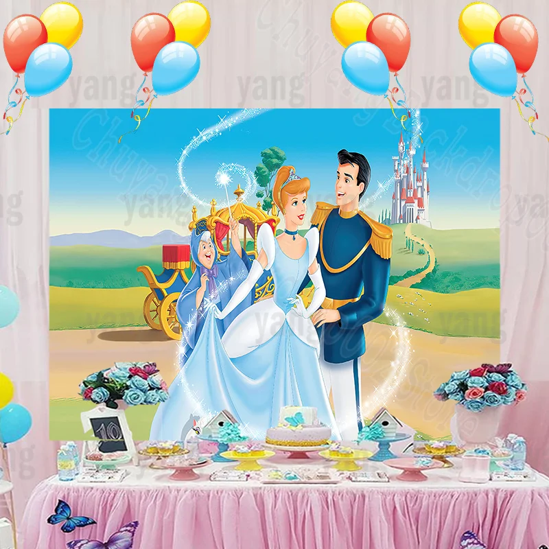 Disney Cinderella Photo Backdrop Girls Princess Happy Birthday Party Custom Pumpkin Wagon Castle Field Backgrounds Decoration enlarge