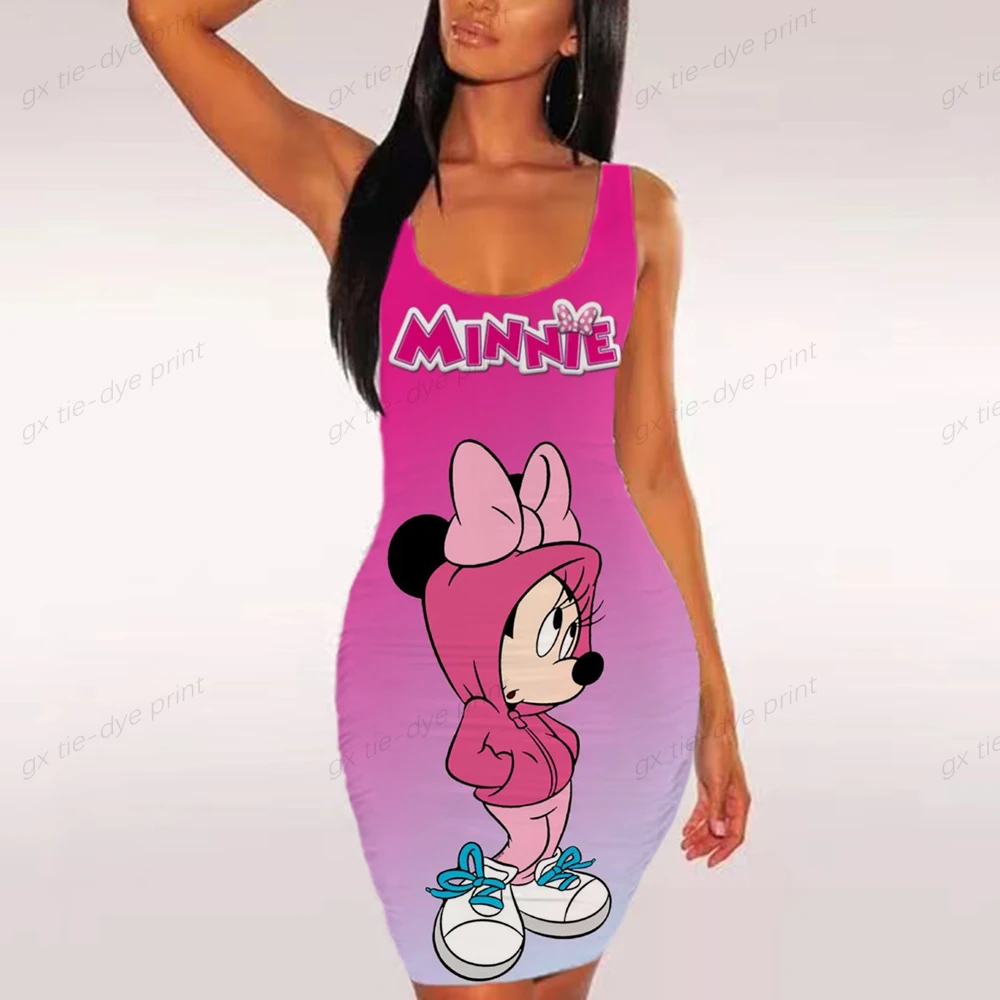 Платье женское летнее облегающее без рукавов с принтом Минни и Микки Маус -