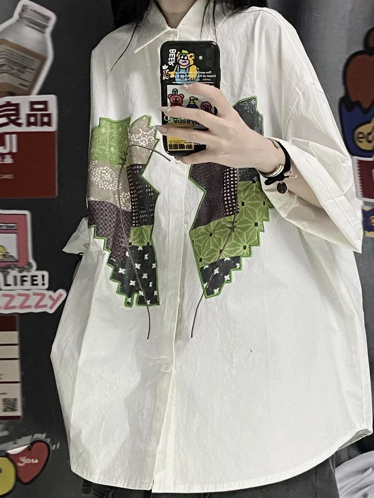 

Harajuku Embroidery Vintage Turn-down Collar White Shirt Women 2022 Summer Casual Oversized Tops Korean Fashion Top All Match