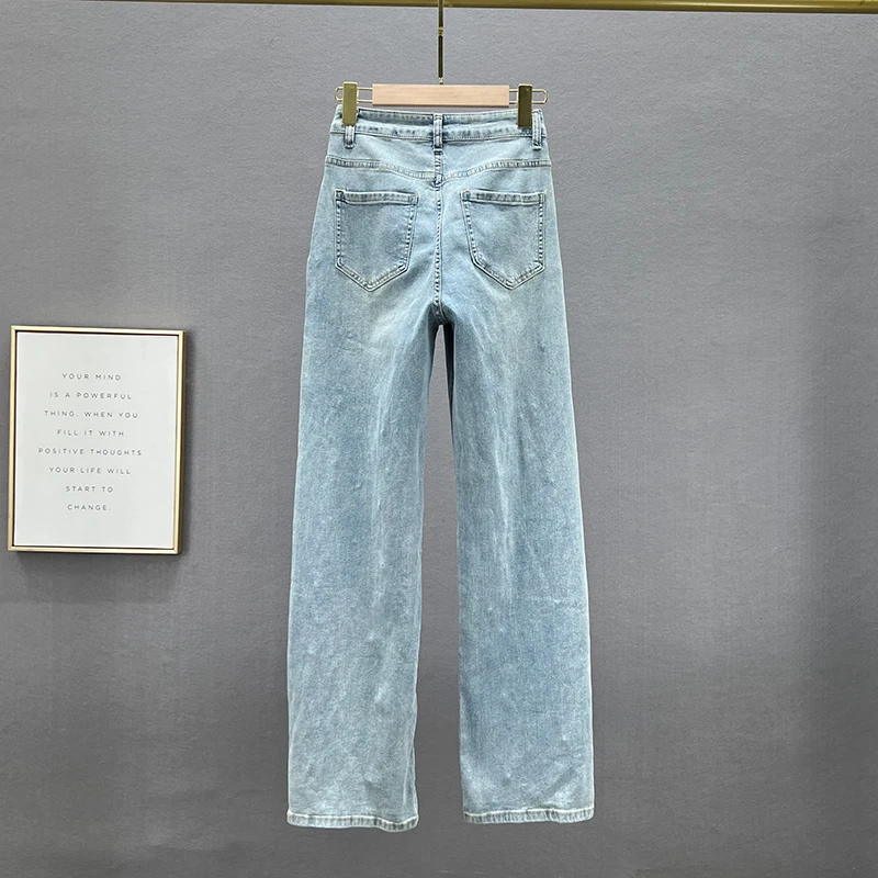 Women's Mop Trousers 2023 New Spring High Waist Loose and Slim Straight Jeans Heavy Industry Beads Wide Leg Denim Pants