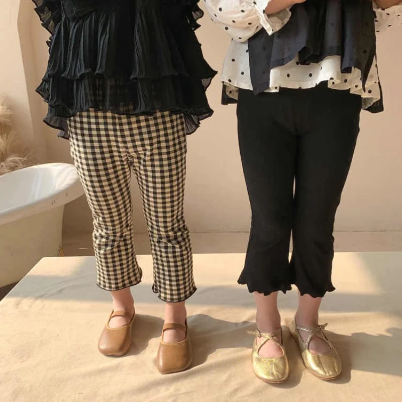 

Girls Korean Style Slim-fit Children's Trousers High Elastic Thread Knitted Lace Bell-bottoms