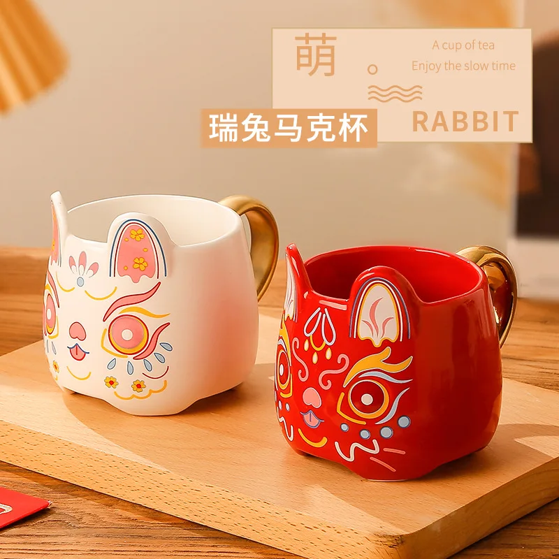 

New Year's Three-dimensional Rabbit High Beauty Mug large Capacity Female Ceramic Cup lovers Water Cup With Hand Gift