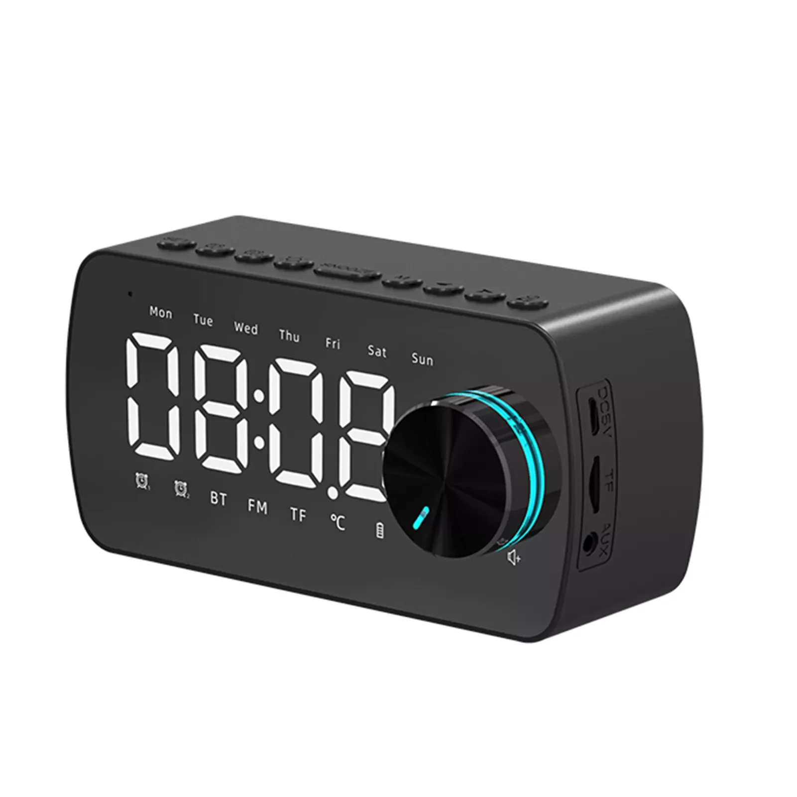 

2022New With FM Radio Wireless Desktop Dual Alarm Clock Kids Adults Speaker Music USB Rechargeable LED Mirror Screen Gift