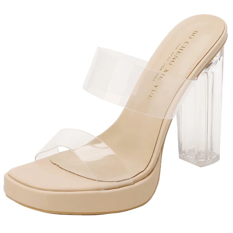 Шлепанцы женские на платформе прозрачные тапочки среднем каблуке блестящие из