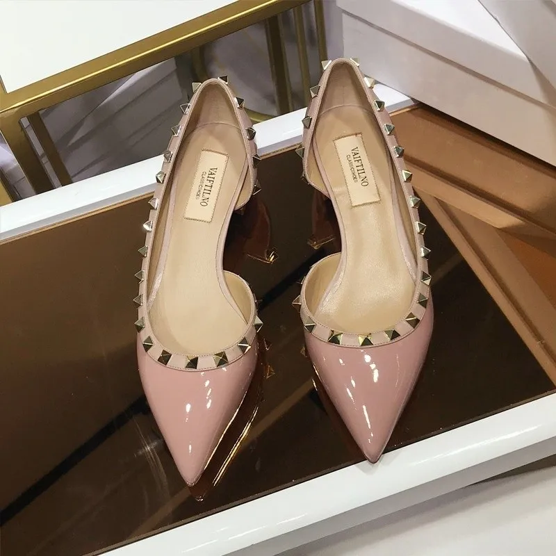 Heels For Women 2023 Designer High Heels Shoes Rivets Brand Pumps  Pointed Toe Chunky Heel 3cm White Black Elegant Office Shoes