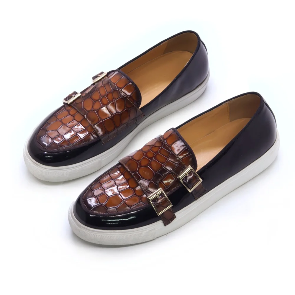 Mens Genuine Patent Leather Loafer Brown Crocodile Pattern Casual Shoes for Men Slip-on Flat Double Buckles Monk Strap Sneakers