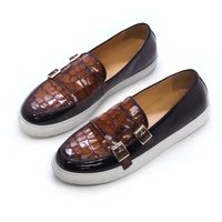 mens genuine patent leather loafer brown crocodile pattern casual shoes for men slip on flat double buckles monk strap sneakers