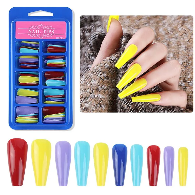 

100Pcs Long Ballerina False Nail Tips Color Mix Matte Artificial Fake Nails Full Coverage Extension Water Drop Full Sticker
