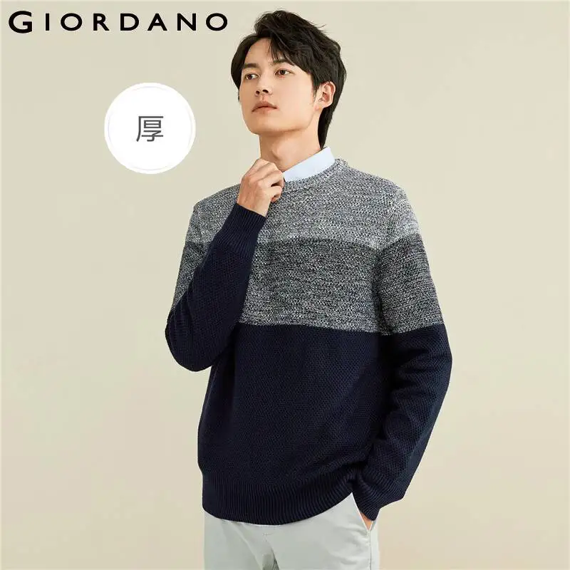 

Giordano Men Sweaters Gradient Color Block Thick Cotton Sweater 100% Cotton 7 Stich Knitting Sweaters 18052618