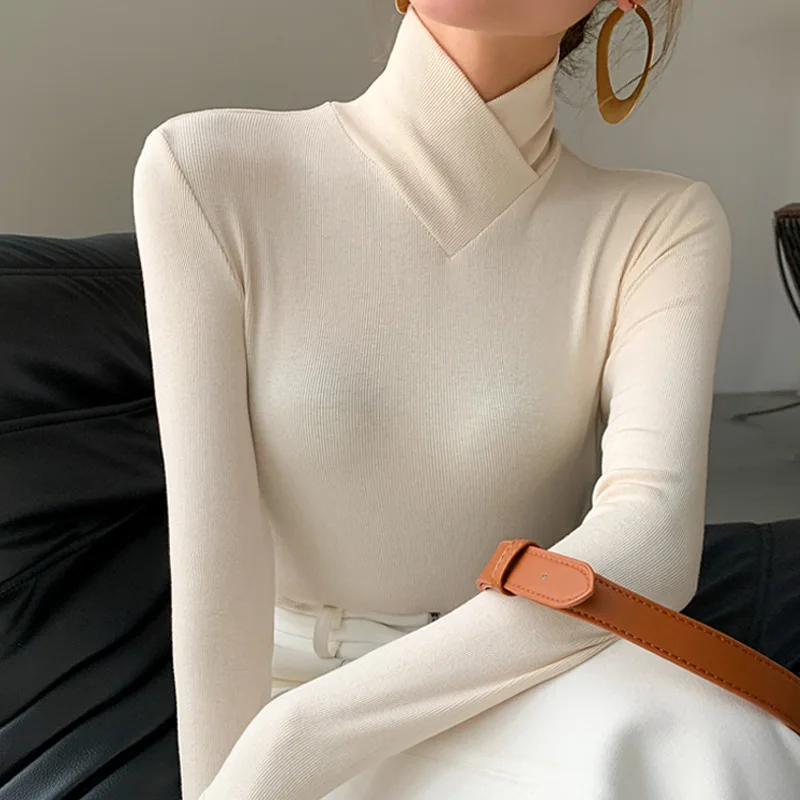 

Women's Fall/winter Fleece Padded Warm Basic Pullover Bottoming Shirt Fashion Top Stand-up Collar Long-sleeved Stretch T-shirt