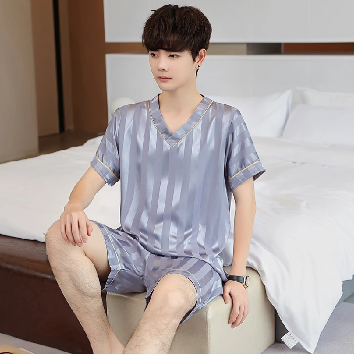 Men's Pajamas 2022 Summer Stripe Silk Short Sleeve Tops Shorts Suit Man V-neck Pullover Simple Luxury Pyjamas Men Sleep & Lounge