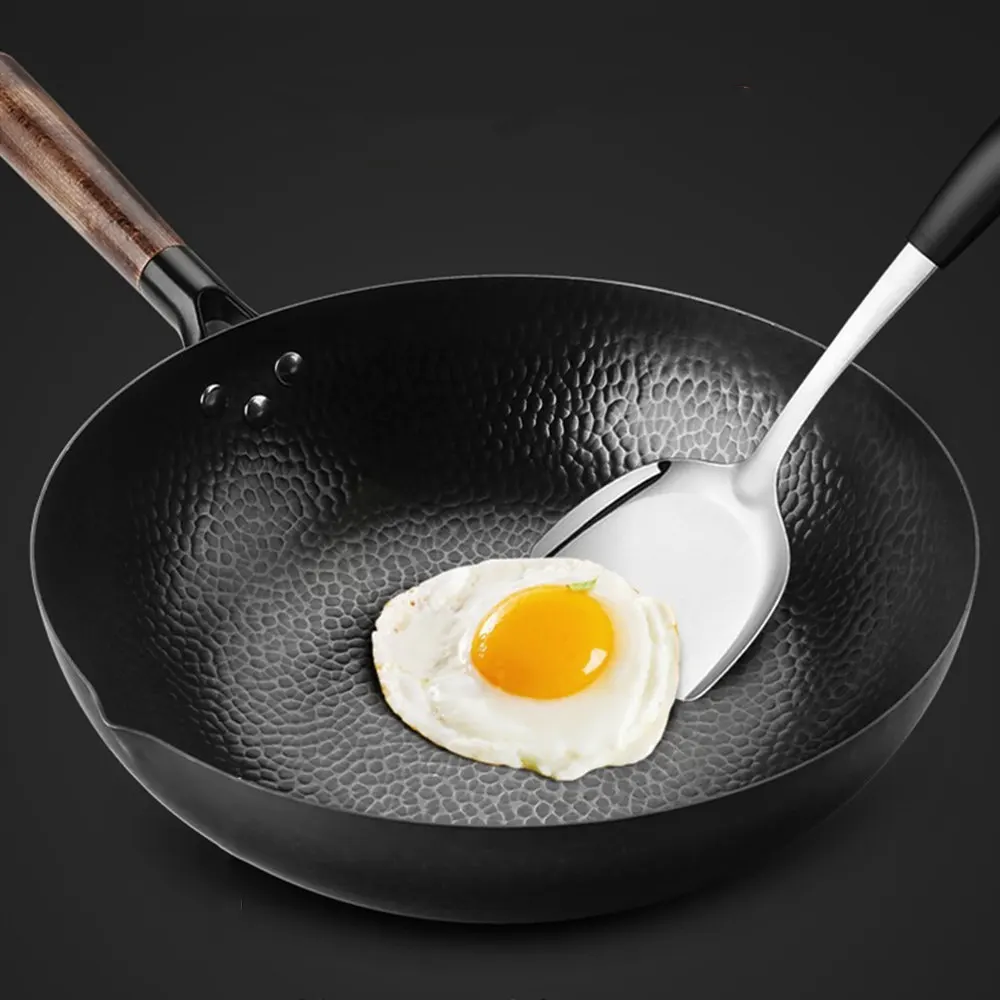 

Forging Carbon Steel Pans Non stick Non coating Iron Wok Kitchen Pan Wooden Handle Quality Flat Traditional Lid Stove Frying