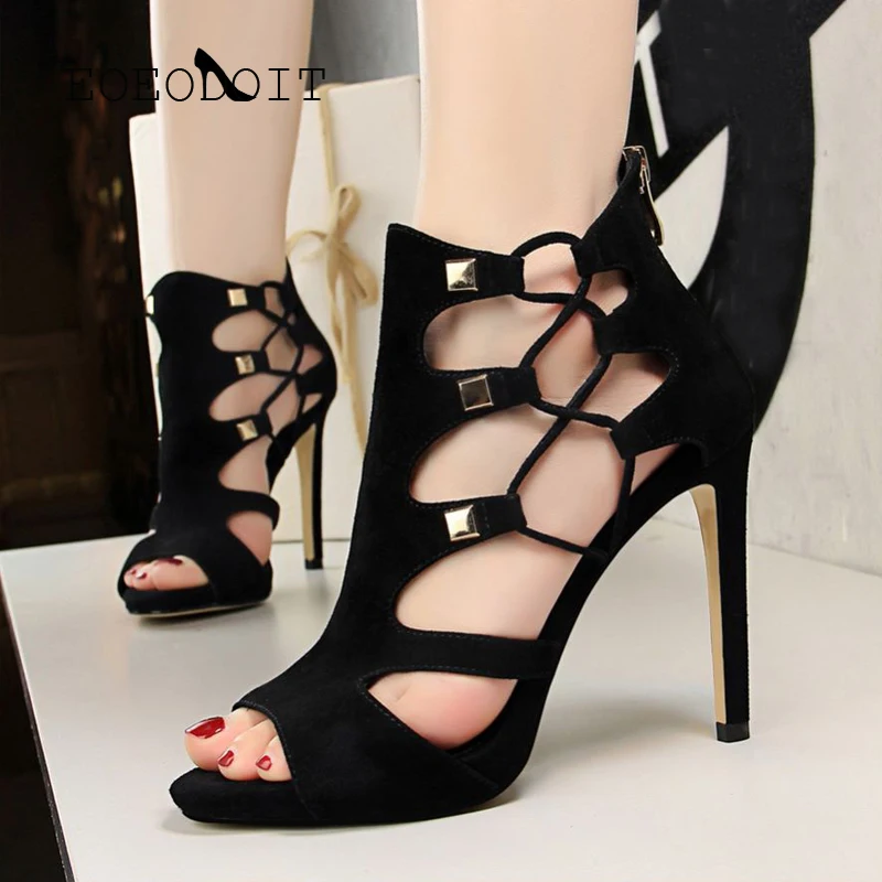 

EOEODOIT 10cm Women High Heels Summer Hollow Sandals Peep Toe Cross Tied Platform Shoes Leather Heel Rome Sandals