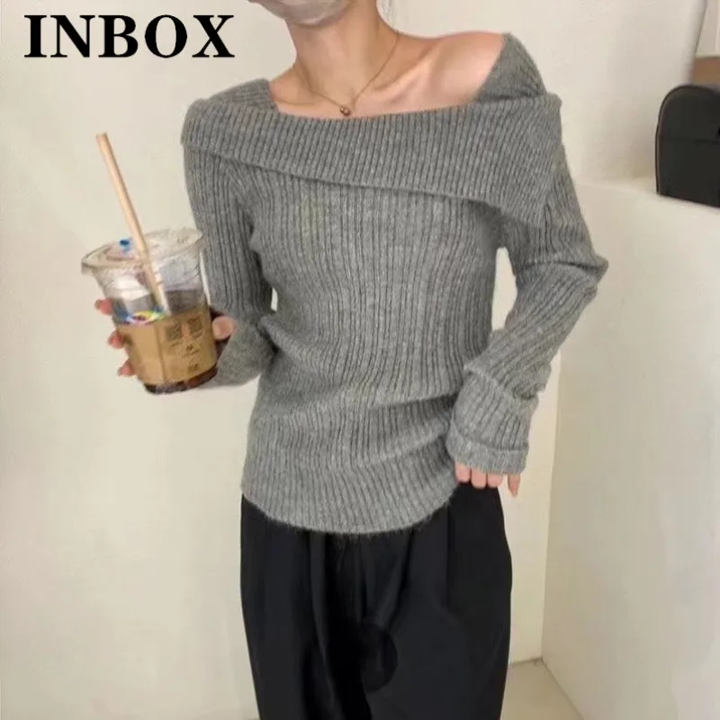 

INBOX Корейская сексуальная тонкая женская рубашка, вязаная элегантная женская модная блузка с длинным рукавом, пуловеры