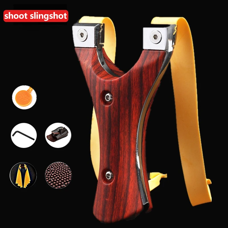Wood Handle Stainless Steel Slingshot Flat Rubber Band High Elastic Outdoor Hunting Slingshot Adult Professional Shooting Activi