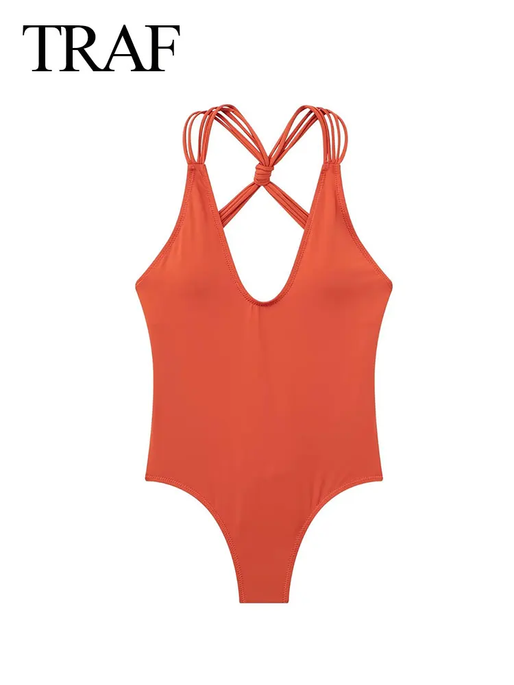

TRAF Women's Summer Fashion Knitted Halter Neck Sexy Solid Color Jumpsuit Sexy Dew Cross Strap Strapless Jumpsuit Beach Style