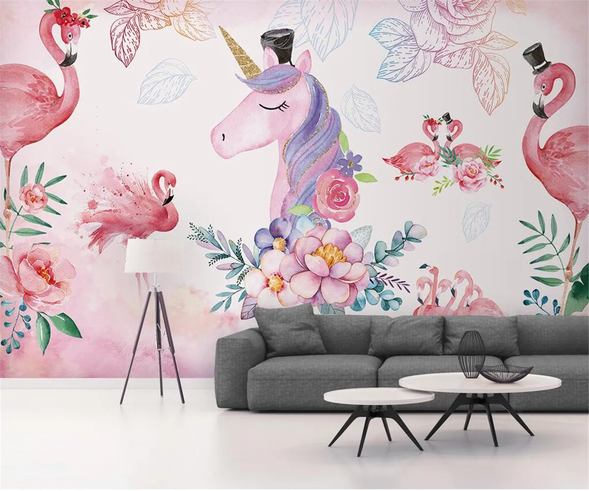 Пользовательские водонепроницаемые шелковые обои современные розовые фламинго
