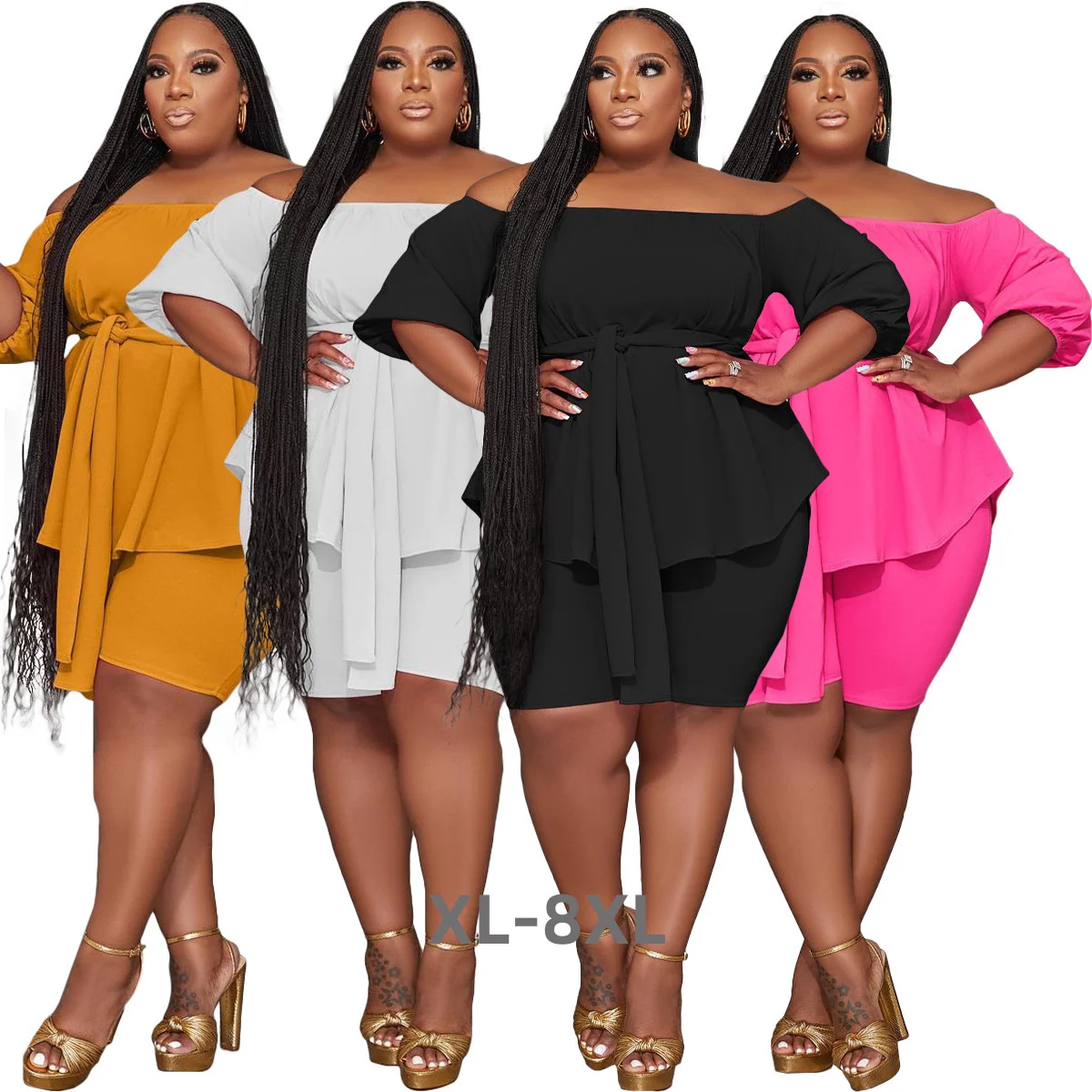 Plus Size Summer Two Pieces Set for Sport Slash Neck Casual Suit Short Sleeves t Shirt with Sash Stretchy 3xl 4xl 5xl 6xl