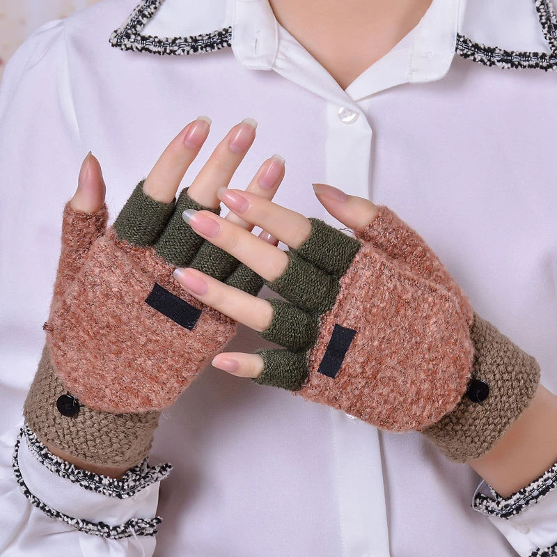 

Autumn Winter Knitted Gloves Ladies Outdoor Windproof Warmth Fingerless Flip Cover All-match Woolen Gloves Half-finger Gloves