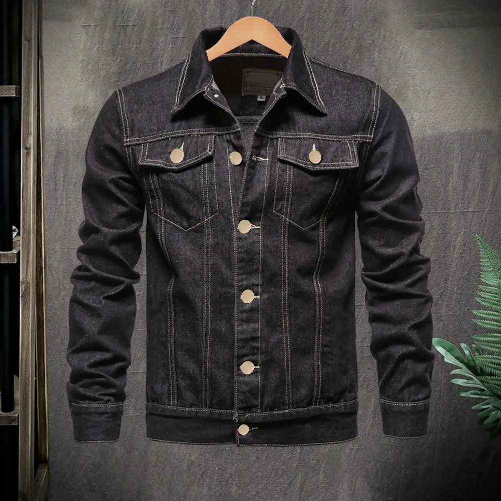 

Мужская куртка из смешанной хлопковой ткани, модная мужская джинсовая куртка, облегающая Стильная однотонная куртка с лацканами для мотоциклистов, хлопок