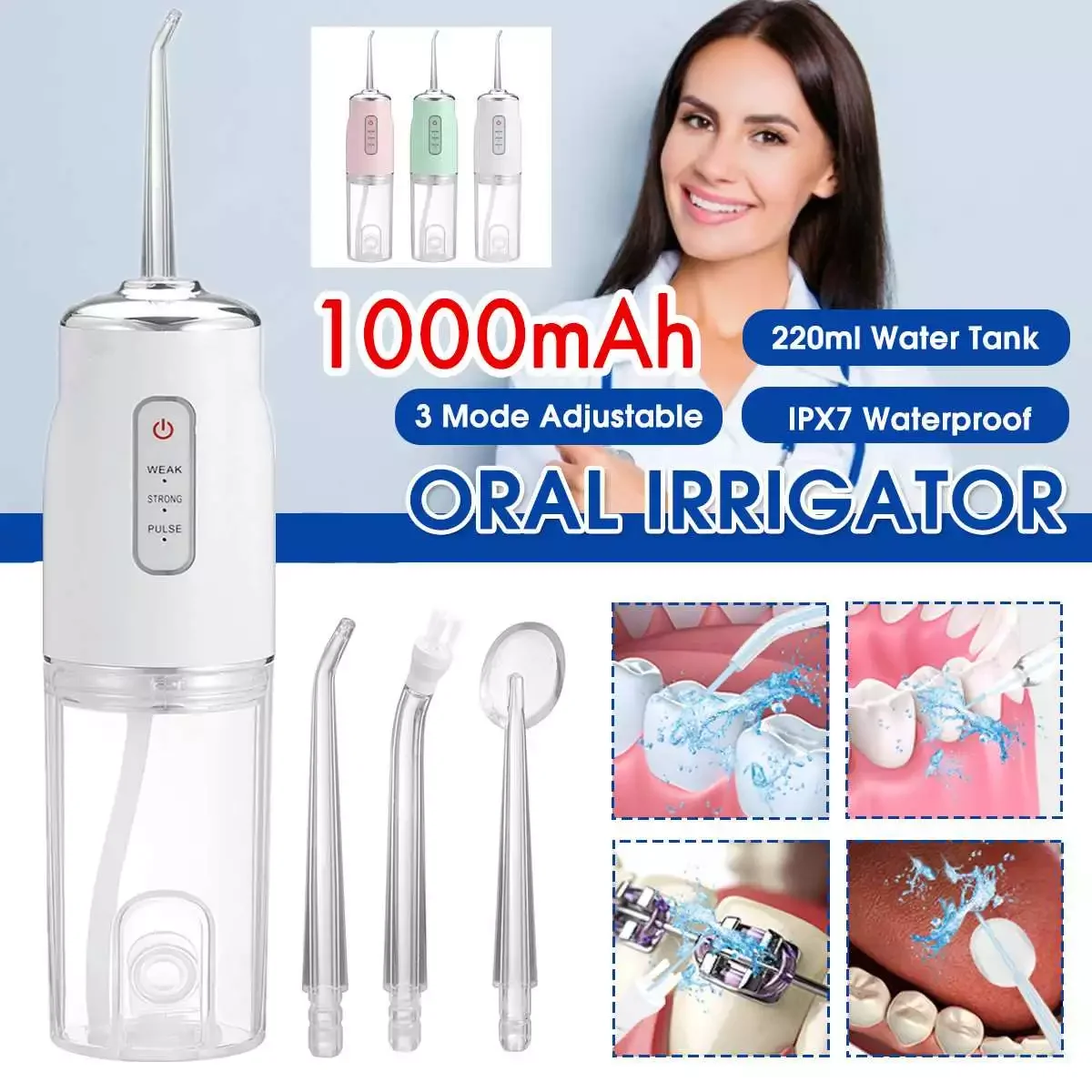 

3 Modes Cordless Oral Irrigator Portable USB RechargeableTeeth Cleaner Dental Water Flosser Jet 220ML Water Tank with 4/1 Nozzle