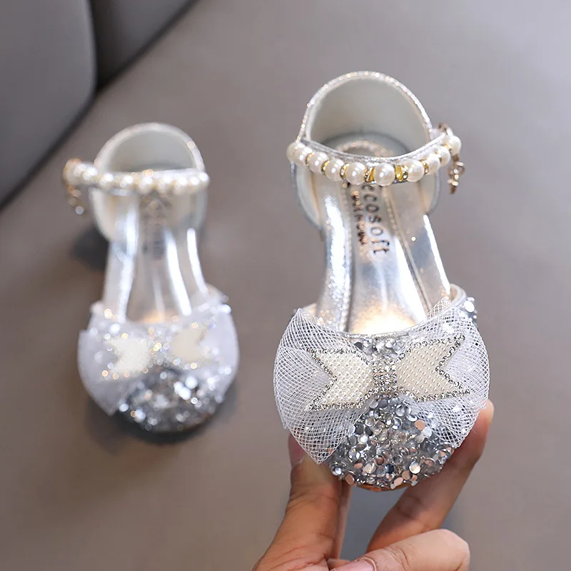 Сандалии с блестками и кружевом бантом для девочек новые весенние детские туфли