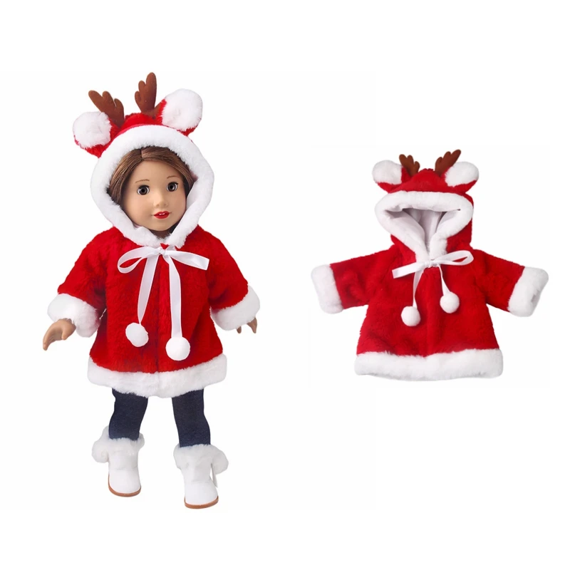 

Red Merry Christmas Doll Clothes For 18" American Doll Outfits Elk Horn Hoodies Fur Coat Top 1/4 Girl Dolls Accessories
